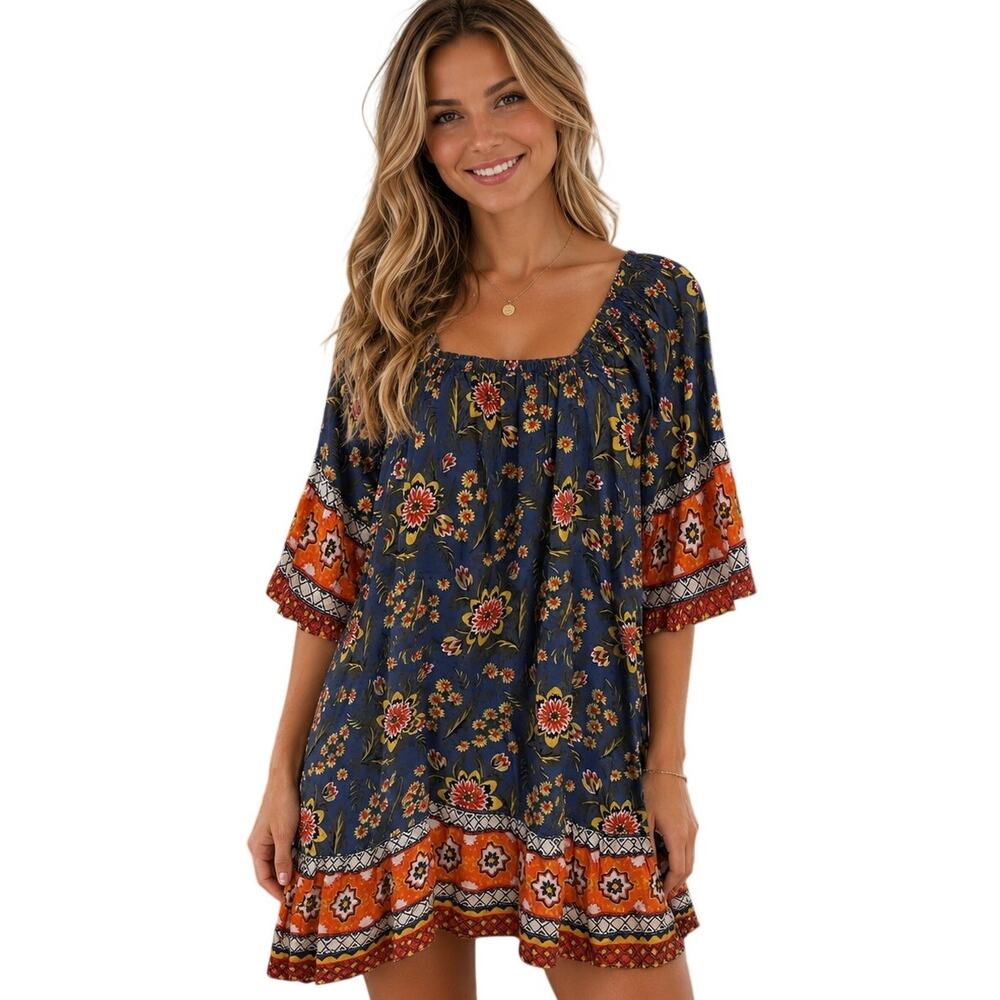 JOIE Chloris Baja Batik Dress Womens Size Small Floral Flounce Smocked Cotton